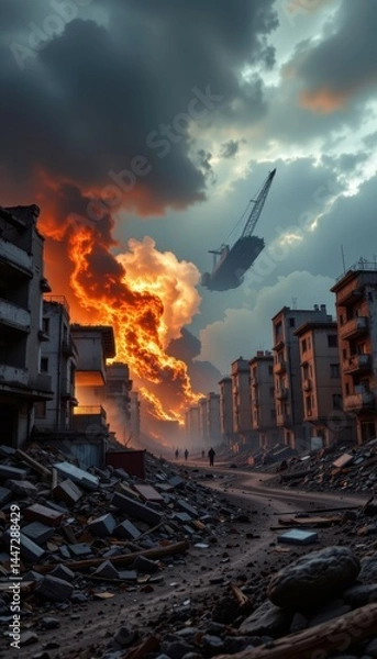 Fototapeta devastated cityscape post apocalyptic scene with fire destruction, cloudy sky, rubble covered ground