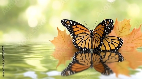 Fototapeta Monarch butterfly on autumn leaves reflection