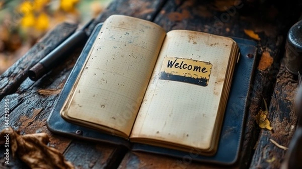 Fototapeta Rustic Welcome: A Vintage Journal with a Handwritten Note on Aged Wood Surfaces, Inviting Inspiration and Nostalgia with Warm Autumnal Tones