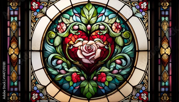 Fototapeta Stained Glass Window with Heart and Rose Design