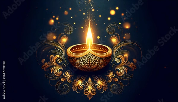 Fototapeta Elegant Diwali Lamp with Bright Light and Floral Patterns