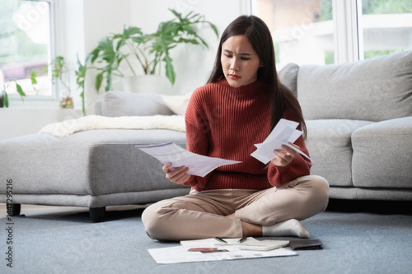 Fototapeta Financial crisis or debt concept, Young Asian woman feeling worry and stress after received many expense bill from expense usage. Asian woman feeling sad or worry about their financial situation.