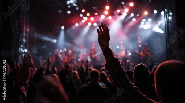 Obraz A concert crowd raises hands toward a brightly lit stage where a band performs under red spotlights, creating a vibrant and exciting atmosphere for everyone present.