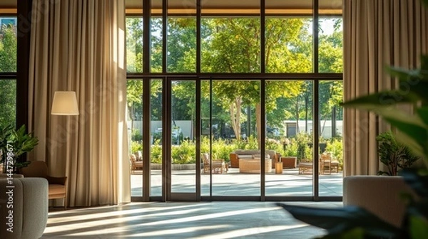 Fototapeta Sunlit interior space with large windows overlooking a tranquil outdoor patio with seating.