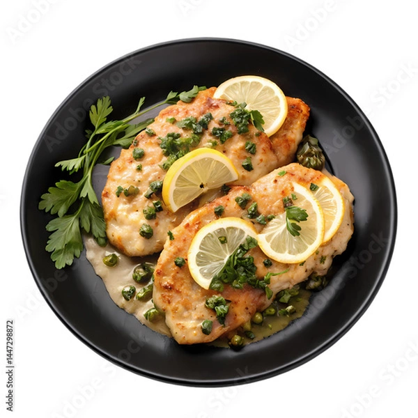 Fototapeta Delicious Chicken Piccata Recipe Lemon Caper and Herb Sauce isolated on transparent background