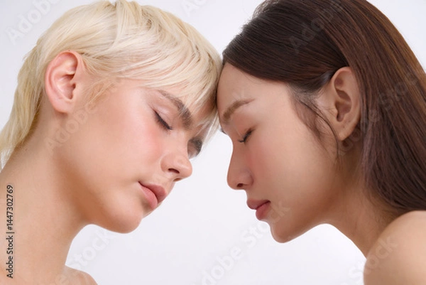 Fototapeta アジア人女性と白人女性の多国籍なスキンケアイメージ