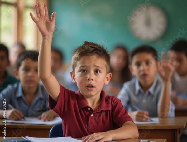 Fototapeta Boy raising hand in class, confused, questioning look, surrounded by classmates, school, education.
