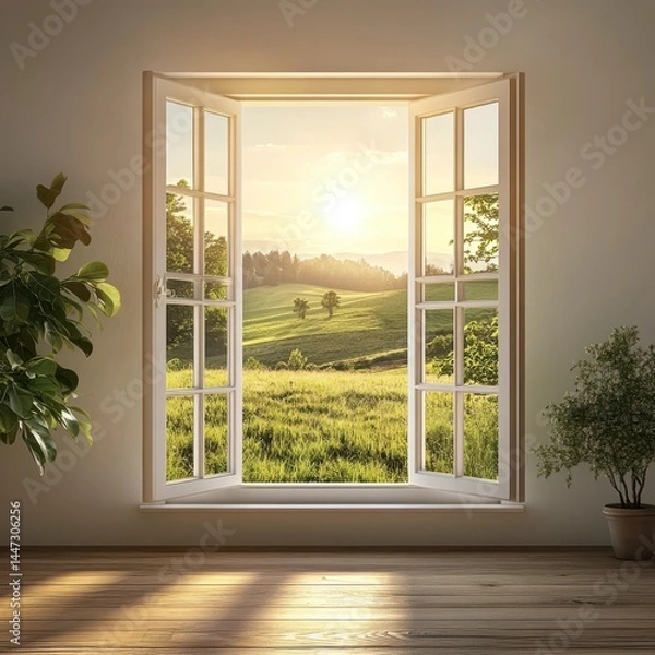 Fototapeta Sunrise Landscape View Through Open Window in Minimalist Room