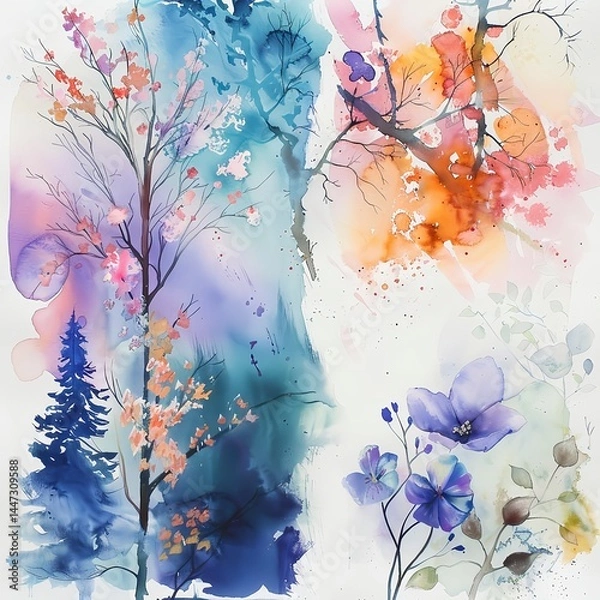 Fototapeta Colorful watercolor landscape with floral and tree elements