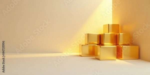 Fototapeta Golden Cubes Arranged in a Pyramid Shape on a Pale Yellow Surface