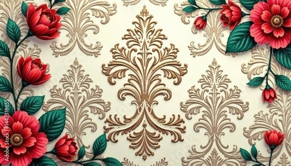 Obraz Intricate woven floral damask, elegant swirls and leaves , swirl, wallpaper, home decor