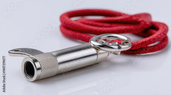 Fototapeta Small, metallic cylindrical object with red cord