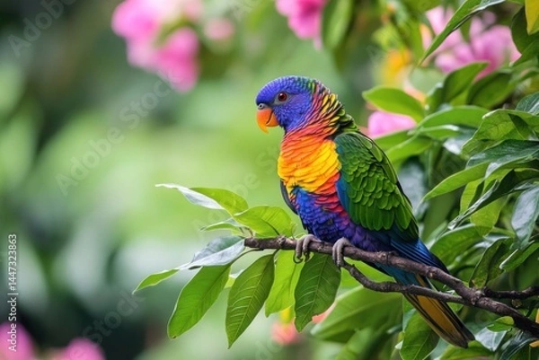 Fototapeta Vibrant Rainbow Lorikeet Perched on Lush Green Branch