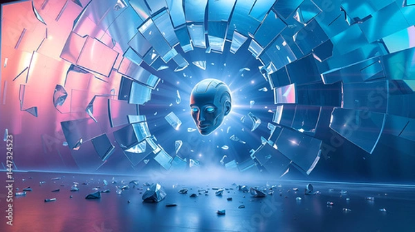 Obraz A powerful AI emerging from a shattered barrier labeled "Limitations", shards suspended mid-air, symbol of breaking boundaries, dynamic composition, Generative Ai