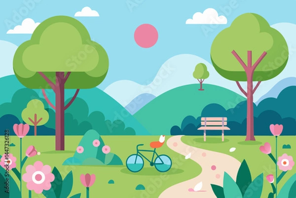 Obraz Spring Park Landscape Vector with Flowers and Picnic Area