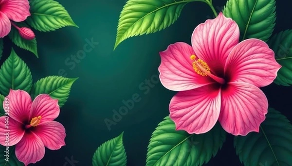 Obraz Bold tropical hibiscus print, vibrant jungle greens & pinks, pink, patterned