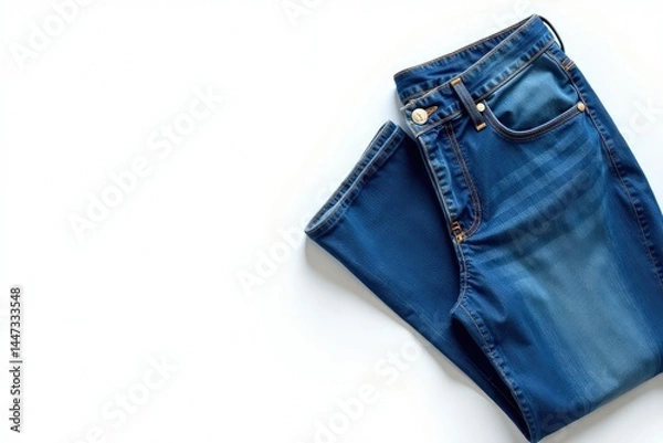 Obraz Classic blue denim jeans, crisply folded on pure white backdrop , blue jeans, denim jeans, material