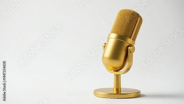 Obraz Close-up shot of a single gold microphone on white background, gold, rap, dj