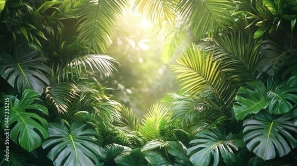 Fototapeta Lush Tropical Paradise: Sunlight Filtering Through Dense Rainforest Canopy