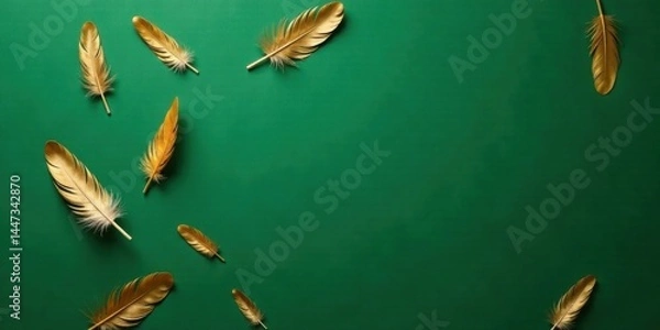 Fototapeta Elegant Golden Feathers Scattered on a Rich Green Background A Luxurious Design Element for Festive Occasions