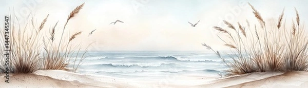 Fototapeta Tranquil beach scene with gentle waves, seagrass, and flying birds under a soft sky.