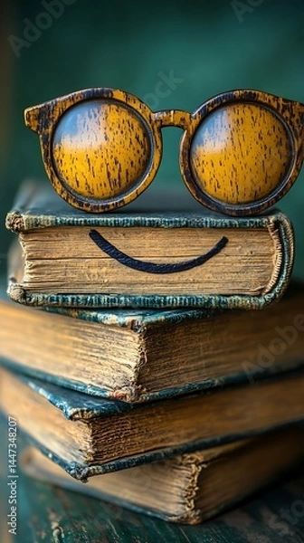 Obraz Stack of vintage books wearing glasses, smiling