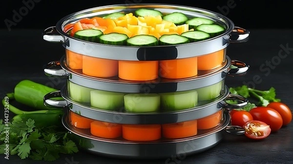 Obraz Stacked steamer with vibrant veggies