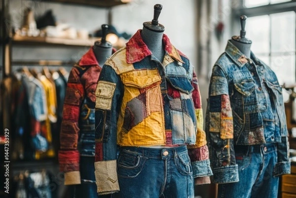 Fototapeta Three denim jackets with patches and buttons on them are displayed in a room