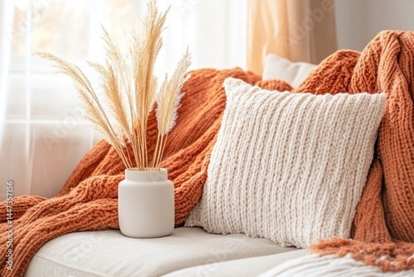 Fototapeta Cozy autumn scene with pampas grass and knitted throws