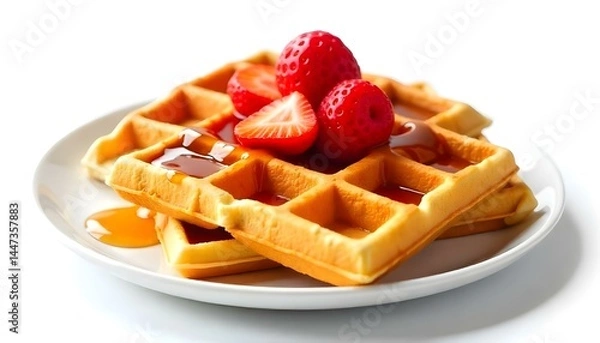 Fototapeta viennese waffles with strawberry and sweet syrup isolated on white background
