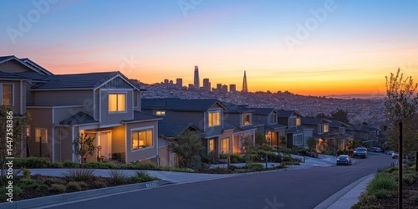 Obraz Sunset over hillside homes with city skyline view