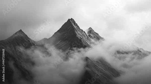 Fototapeta Dramatic black and white photo of three majestic mountain peaks shrouded in mist and clouds.