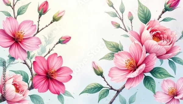 Fototapeta Delicate watercolor blossoms, endlessly repeating, repeat, print, botanical art