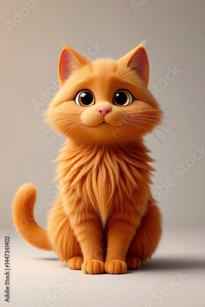 Fototapeta A playful cartoon orange cat with fluffy fur and big eyes sits upright, exuding charm and curiosity in a bright, simple setting. Generative AI.