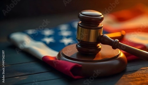 Obraz wooden gavel on american flag isolated on black