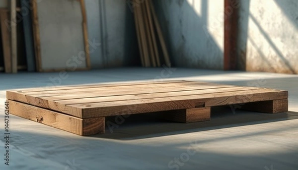 Obraz Close-up shot wooden pallet placed spacious, sunlit warehouse, showcasing texture wood and its natural grain, evoking industrial, storage themes...