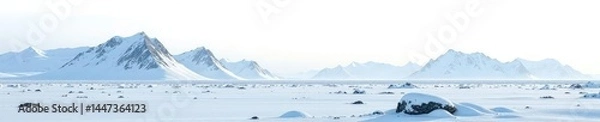 Obraz Arctic landscape with snow-covered tundra and distant mountains isolated on white background, ice, cold