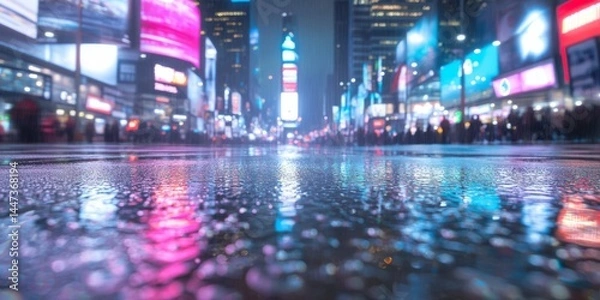 Fototapeta A rainy night in Times Square with colorful neon lights reflecting on the wet street, capturing the vibrant atmosphere of the city.

