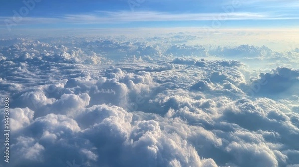 Obraz Above the Clouds: A breathtaking view of a boundless expanse of fluffy white clouds, illuminated by the warm glow of the setting sun.