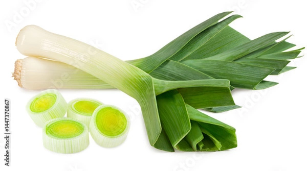 Fototapeta leek with slices isolated on white background. with clipping path