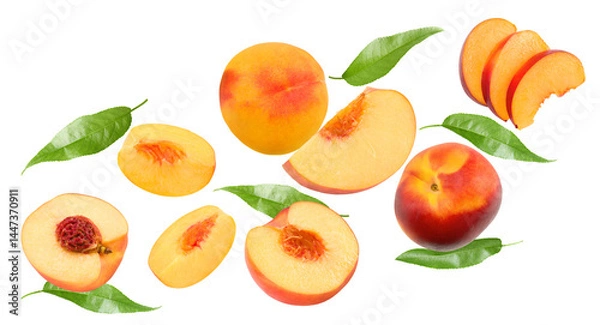 Fototapeta flying pieces of nectarine with leaves isolated on white background. clipping path