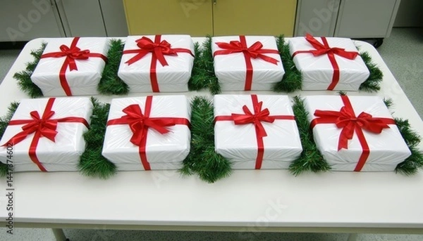 Obraz Eight White Gifts With Red Ribbons Adorned With Greenery