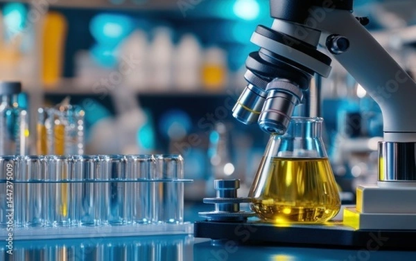 Fototapeta Microscope and Erlenmeyer Flask in a Laboratory Setting
