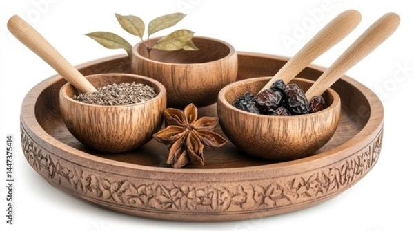 Obraz Wooden bowls contain various spices and dried fruits