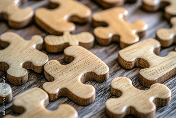 Obraz Wooden Puzzle Pieces Scattered On Dark Wood Surface
