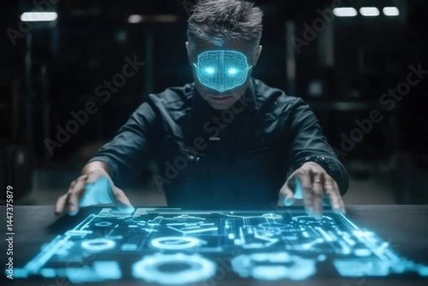 Obraz Man Interacts With Futuristic Holographic Interface Technology