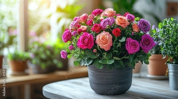 Obraz Colorful Rose Bush Blooms In A Gray Pot