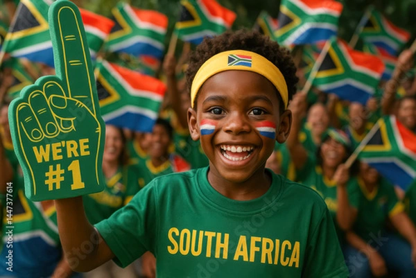 Fototapeta South African Boy Cheering with Face Paint and Foam Finger

