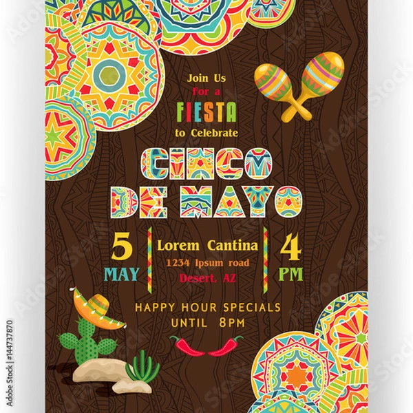 Fototapeta Cinco De Mayo poster template with text customized for invitation for fiesta party and Mexican colorful elements.