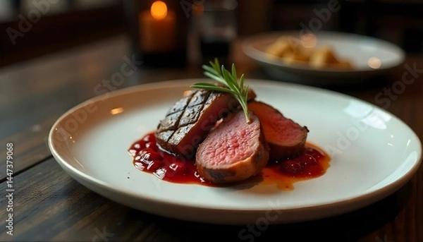 Fototapeta grilled duck meat with cherry sauce